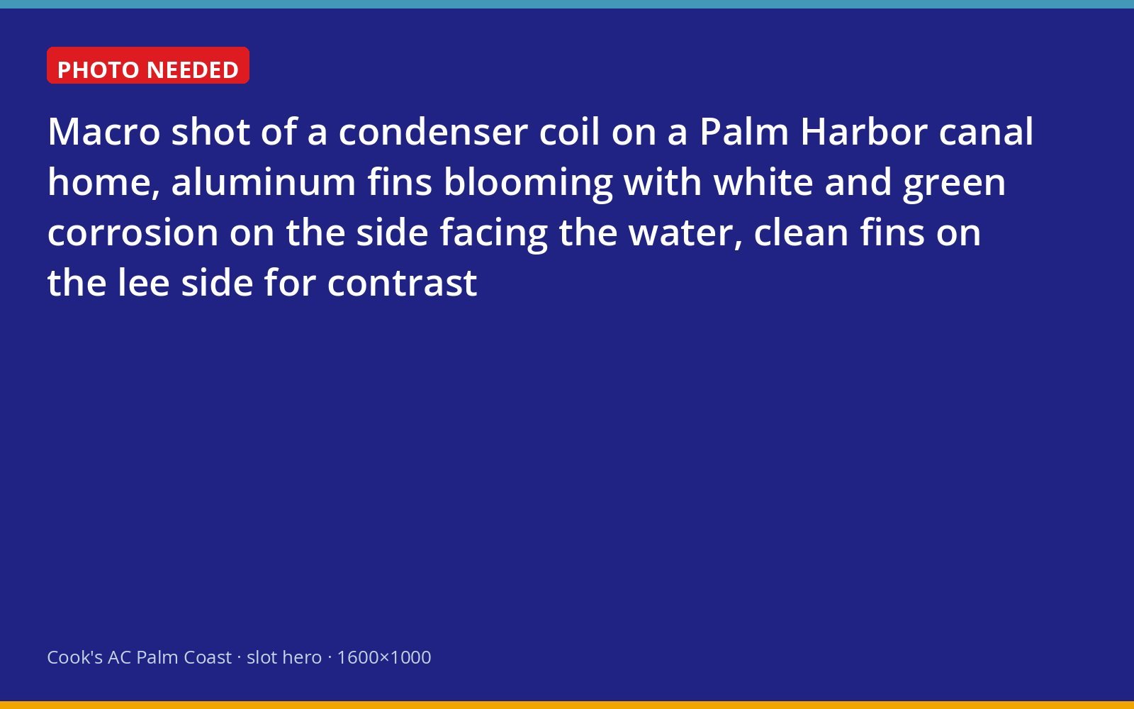 Close-up of salt corrosion on one side of an outdoor AC coil at a Palm Coast canal home