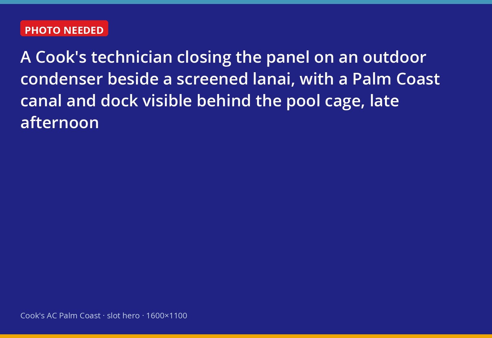 Cook's technician finishing work on an outdoor air conditioning unit beside a Palm Coast canal home