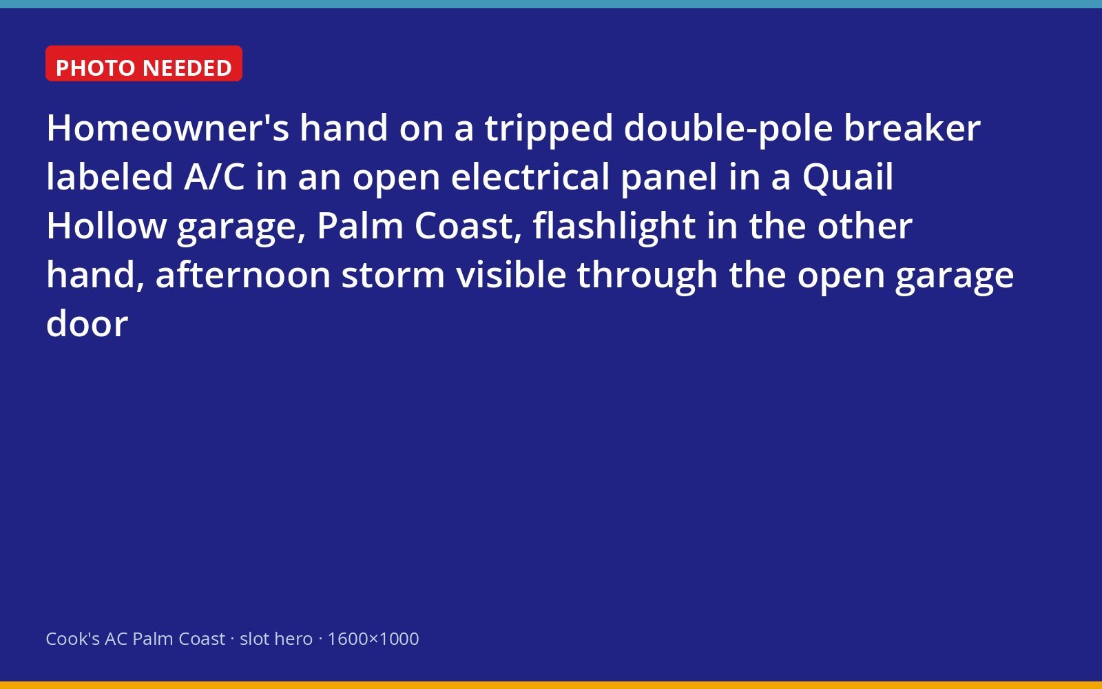 Hand on a tripped air conditioner breaker in a garage electrical panel in Palm Coast during a storm