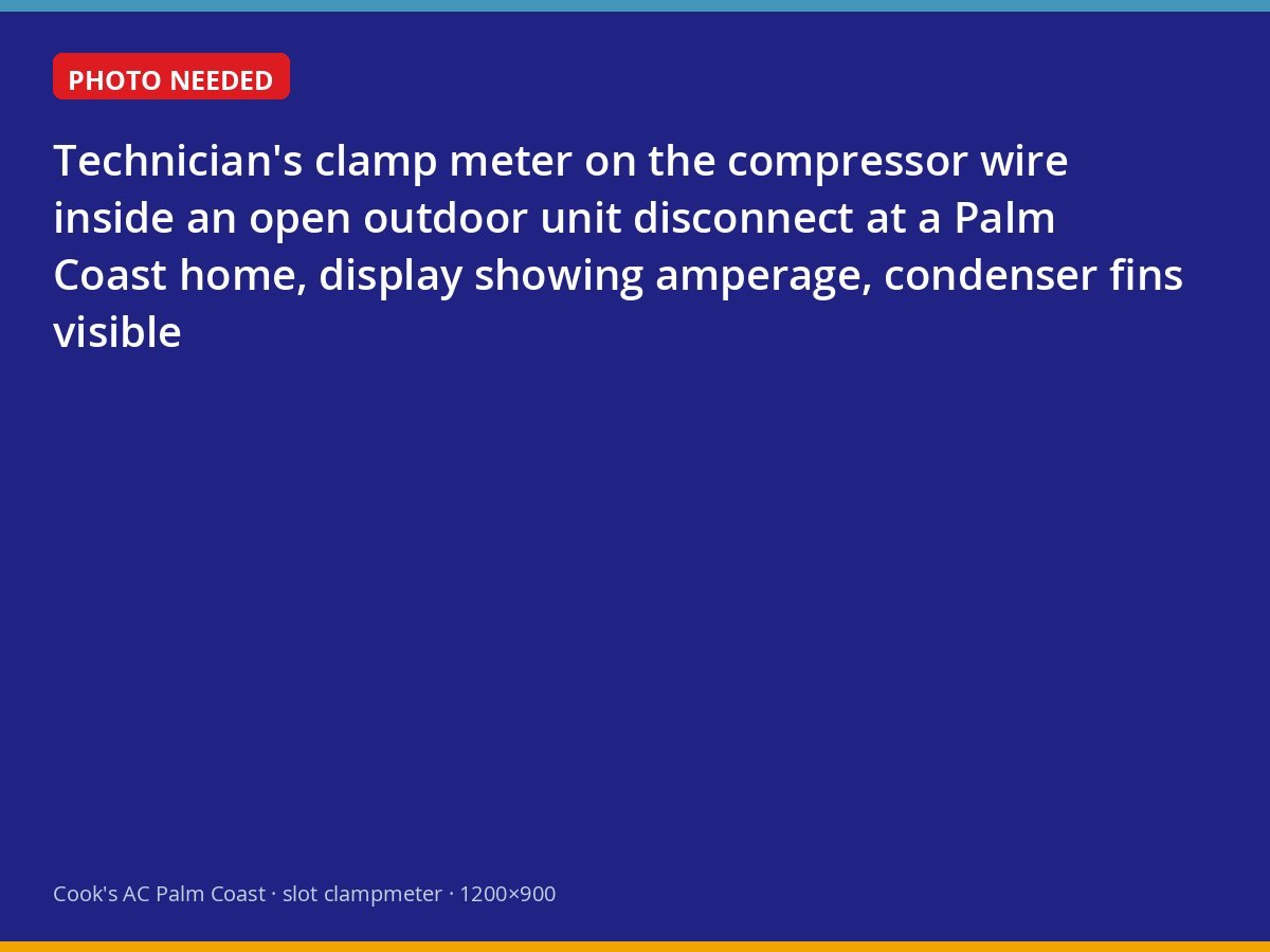 Technician measuring compressor amperage at an outdoor air conditioner in Palm Coast
