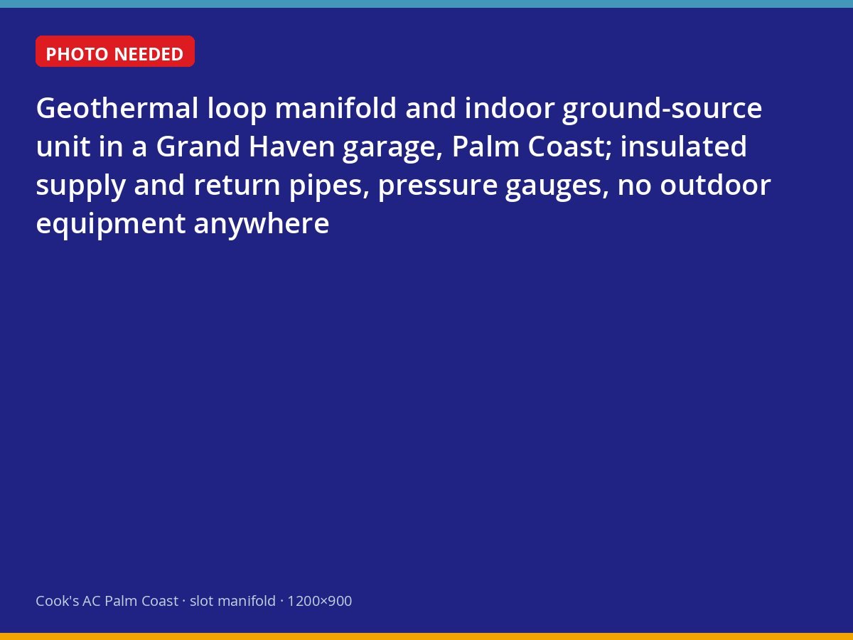 Indoor geothermal heat pump and loop manifold installed in a Palm Coast garage