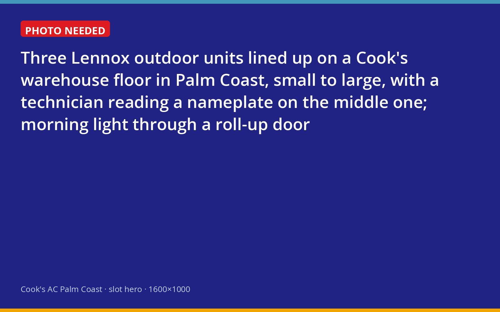 Lennox outdoor units of three sizes on a warehouse floor with a Cook's technician checking a nameplate