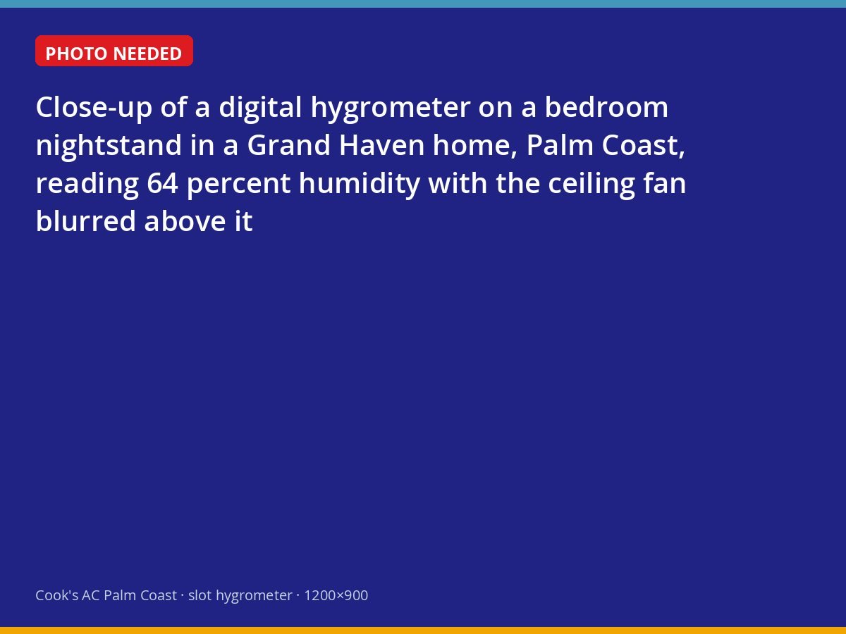 Hygrometer on a nightstand showing high indoor humidity in a Palm Coast bedroom
