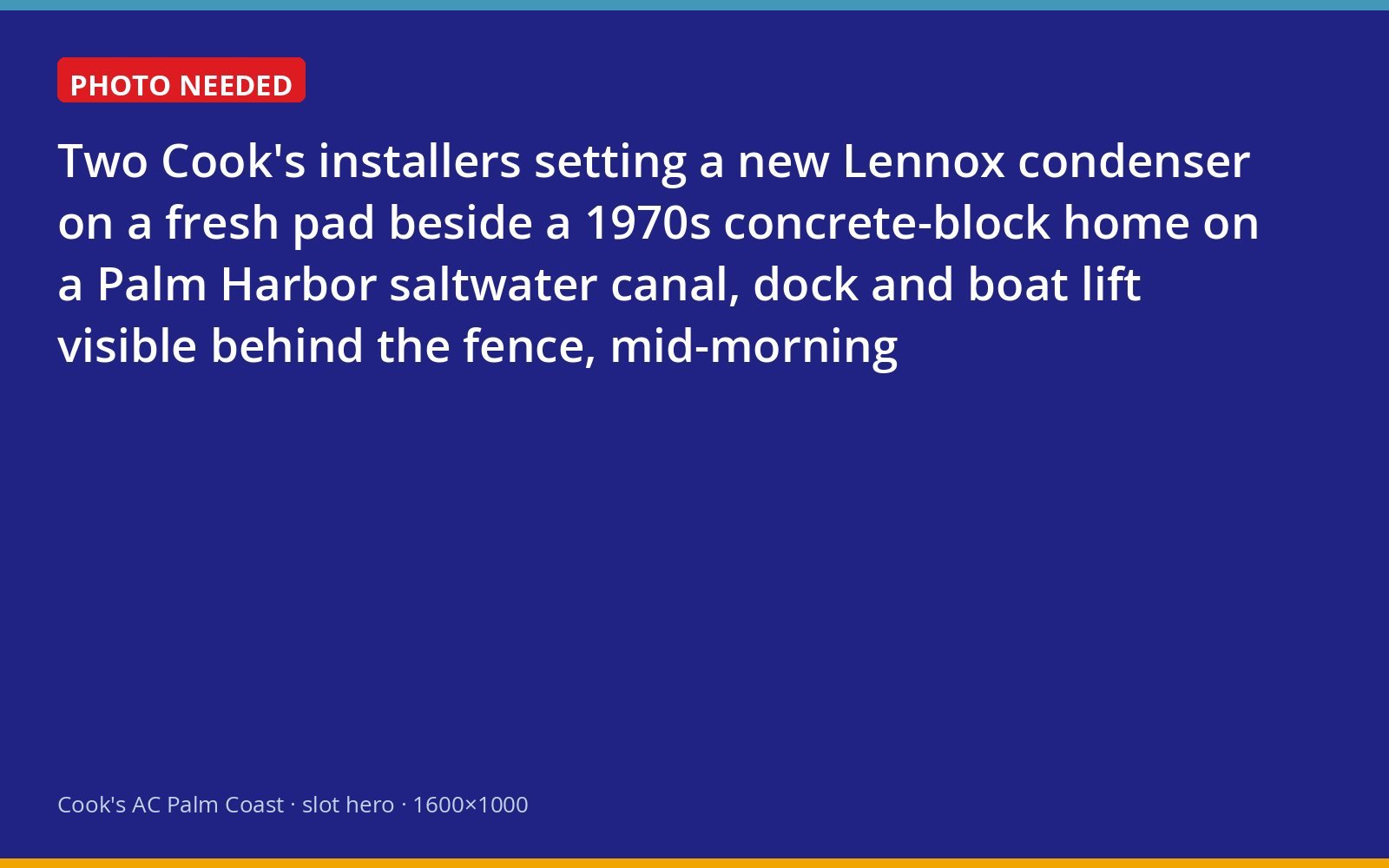 Cook's installers placing a new outdoor air-conditioning unit beside a canal-front home in Palm Harbor