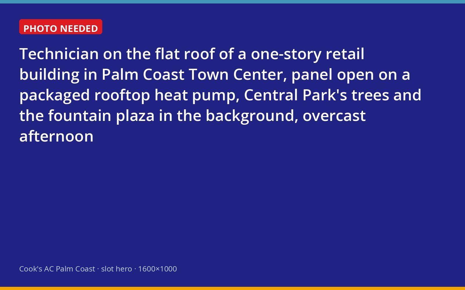 Cook's technician servicing a rooftop heat pump above a storefront in Palm Coast Town Center